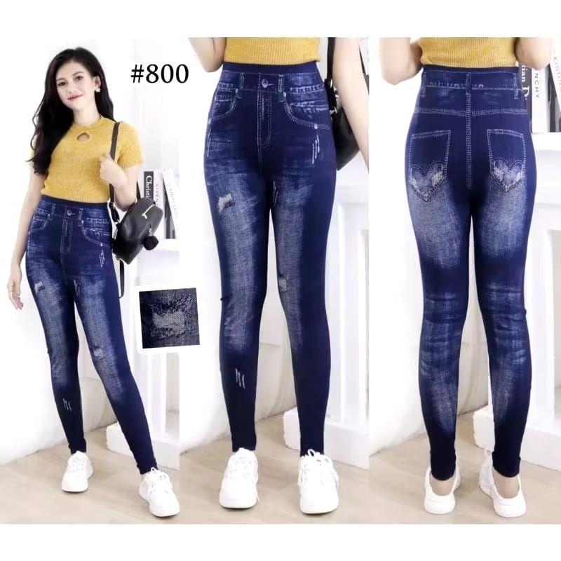 Leging Wanita Import Motif Jeans / Legging Jeans Wanita motif sobek kekinian / Legging Ripped Jeans 