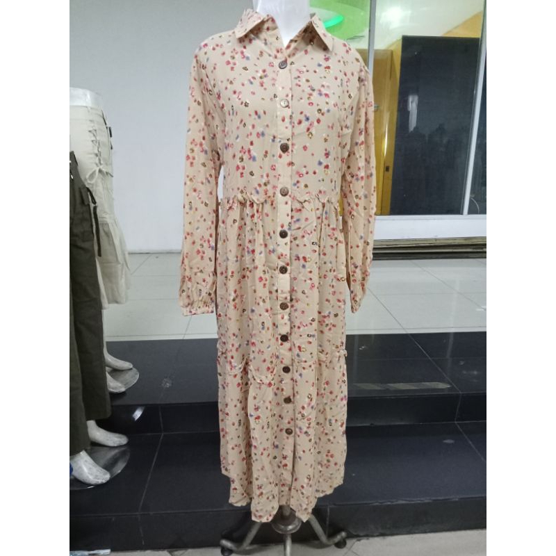 MIDI DRESS TUNIK DRESS KERAH MOTIF BUNGA DEPAN FULL KANCING BAHAN CERUTY LAPIS FURING LENGAN PANJANG