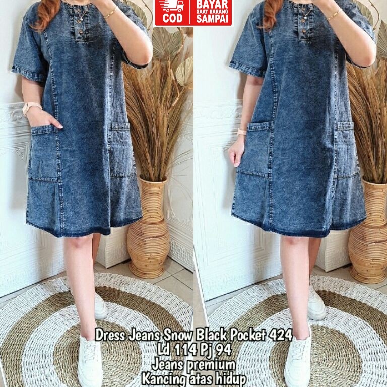 KODE T49S Dress Jeans Lepis Jumbo XXL Pocket Mini Dress Wanita Lengan Pendek Dewasa Daster Jeans Kek