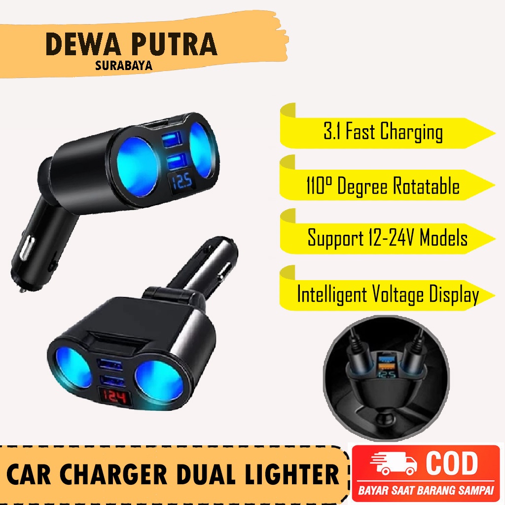 Charger Mobil Dual Lighter 3.1A Fast Charging Car Dual Lighter Cigarette Lighter Socket