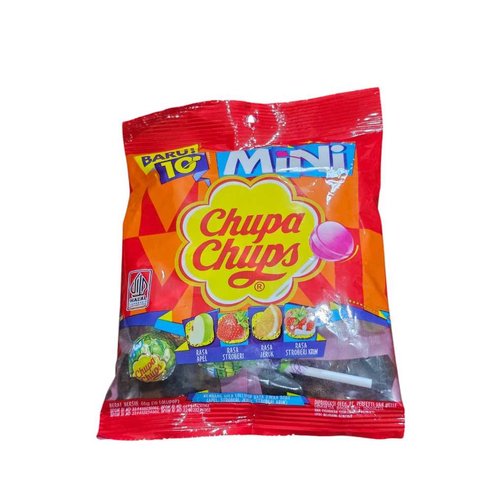 

Chupa Chups Mini 1pack isi 10 lolipop 60gr ( Apel Stroberi Jeruk Stroberi Krim) Permen lolipop