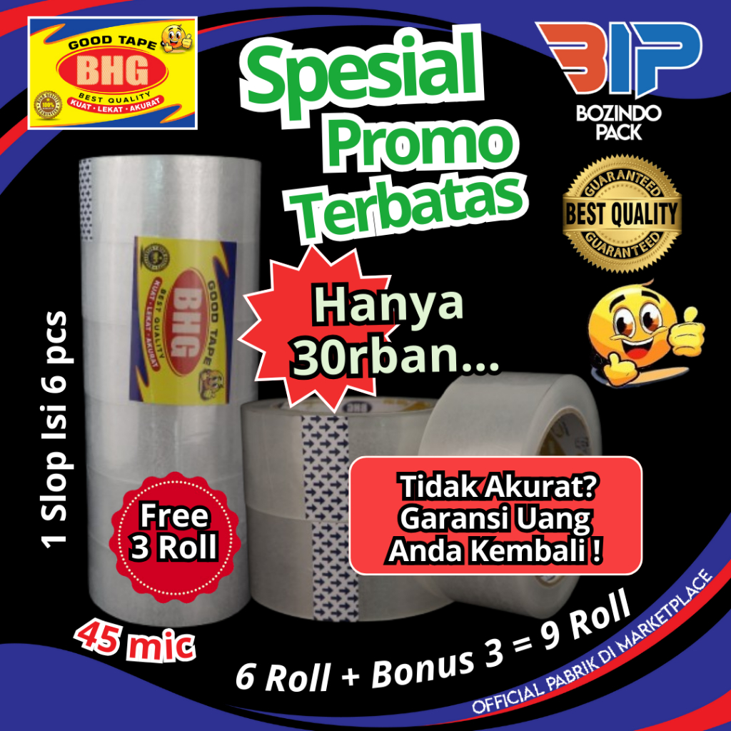 

Lakban OPP Bening BHG Good Tape 45mm Lakban Bening , Kuning, Coklat 45 Mic Beli 1 Slop Bonus 3!!!