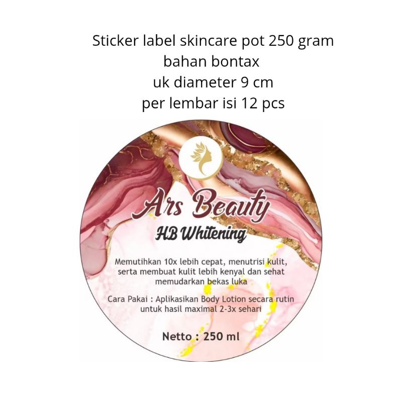 

(isi 12) sticker label skincare pot 250 gram, bontax, diameter 9 cm