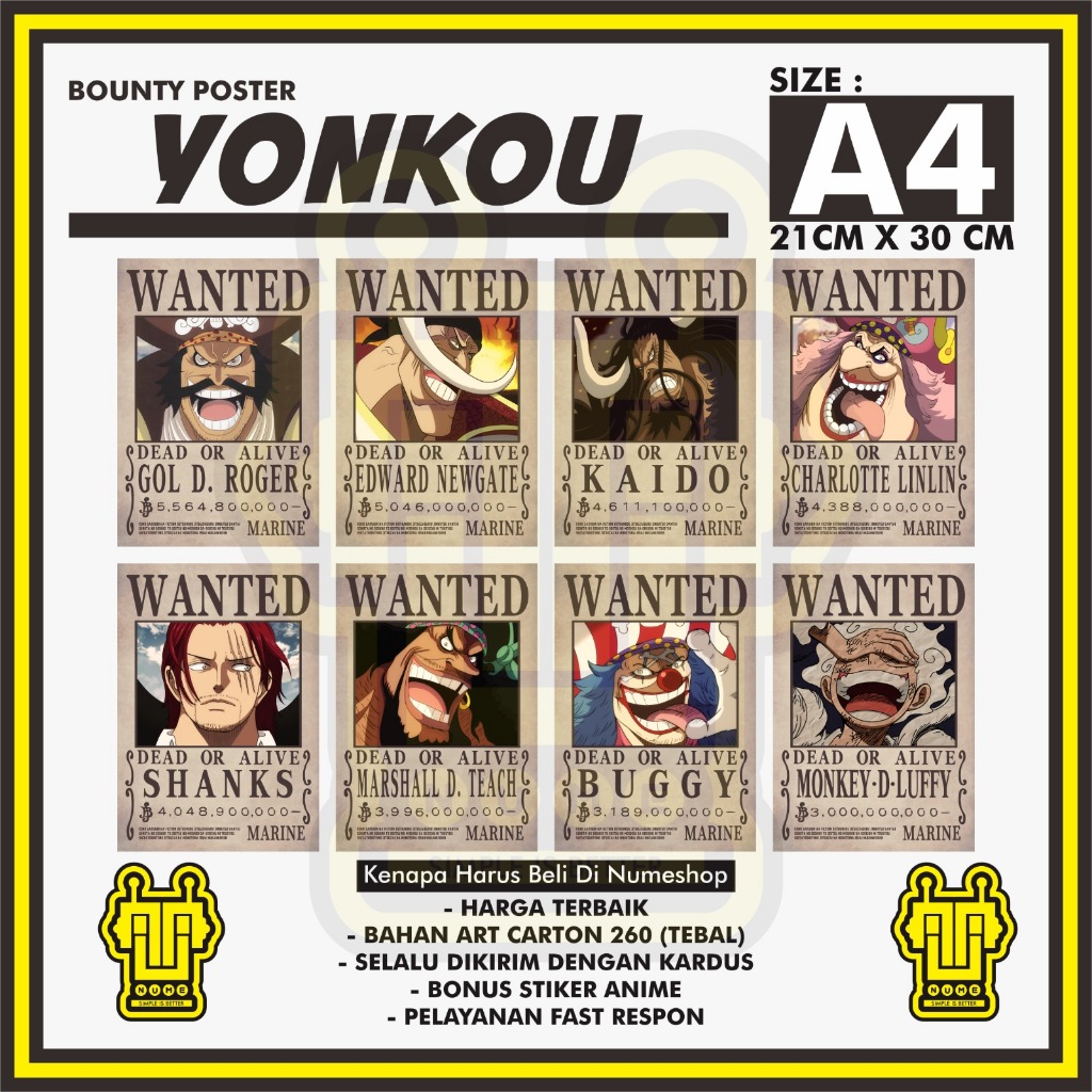 Poster Bounty Poster Wanted One Piece Yonkou 1 Set - Ukuran A4