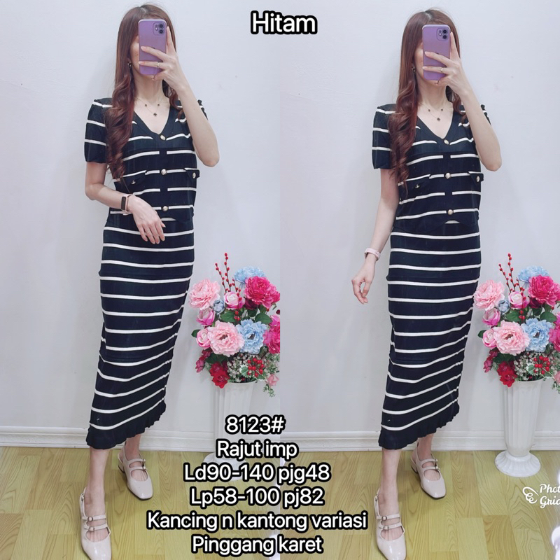 8123 oneset rok rajut stripe 7/8/ setelan rajut salur rok 7/8