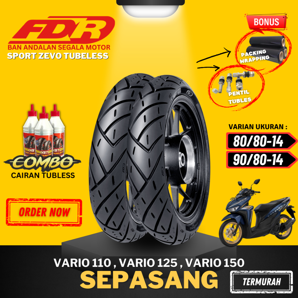 [PROMO SEPASANG] BAN FDR TUBELESS SPORT ZEVO ( 80/80-14 / 90/80-14 ) RING 14 / BAN LUAR TUBLES FDR S
