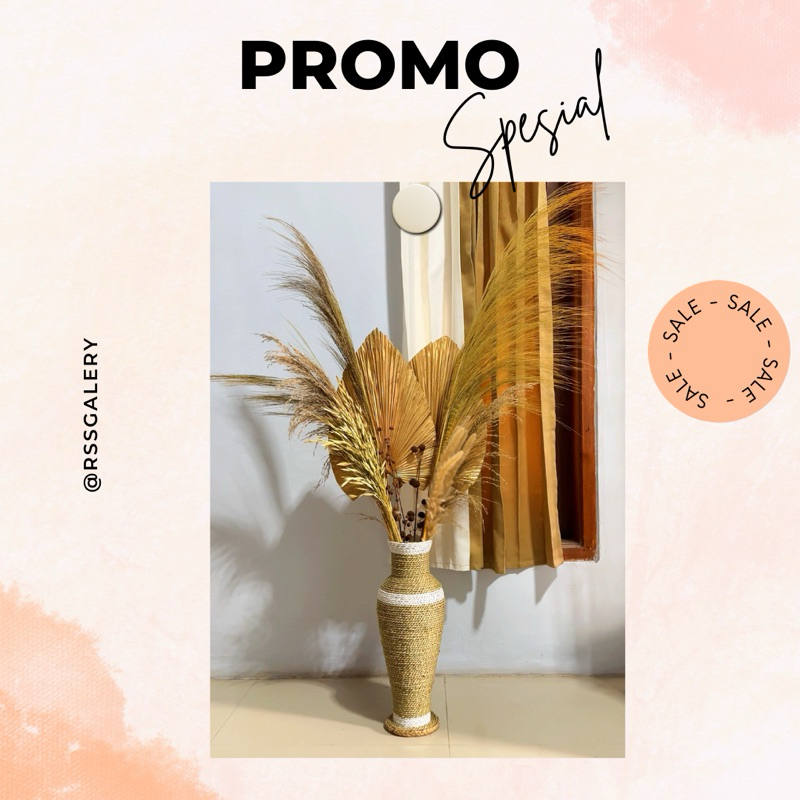 Paket Dekorasi pot bunga rustic / pot bunga aesthetic / untuk hiasan rumah / daun pakm kering