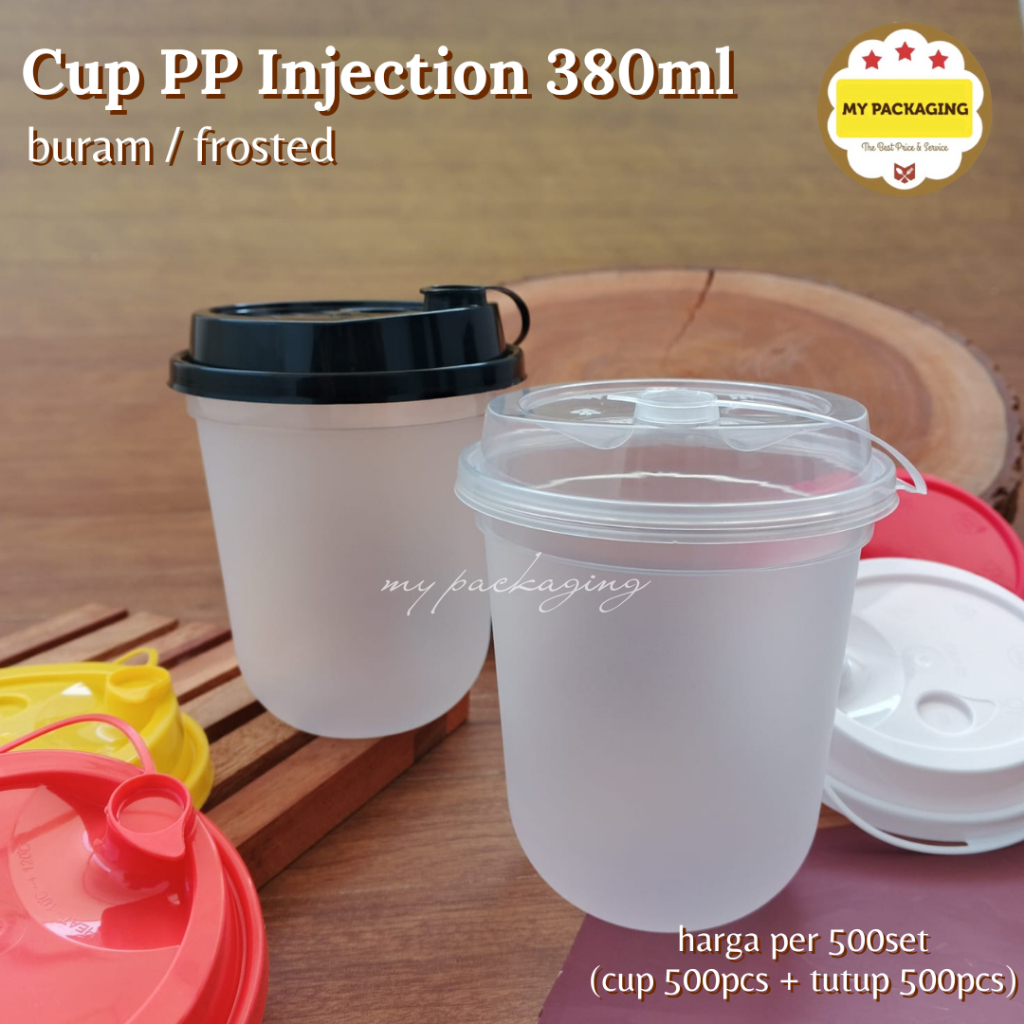 Cup PP Injection OVAL 380ml / 12oz BURAM / FROSTED - Paket 500set Gelas Platik dan Tutup INJECTION  