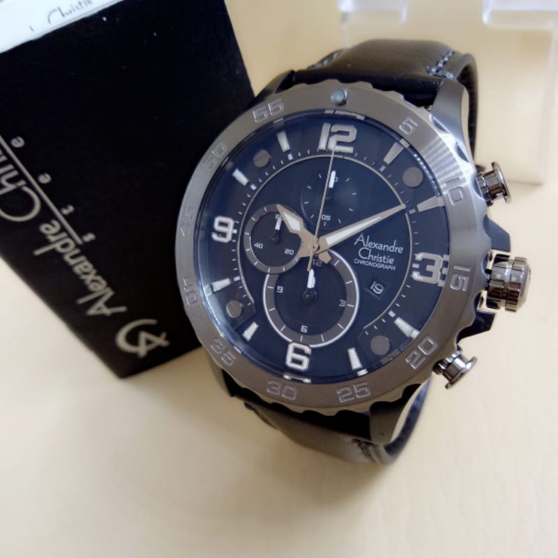 Jam Tangan Pria Alexandre Christie 6505 Chronograp Tanggal Aktif Tali Kulit Free Box