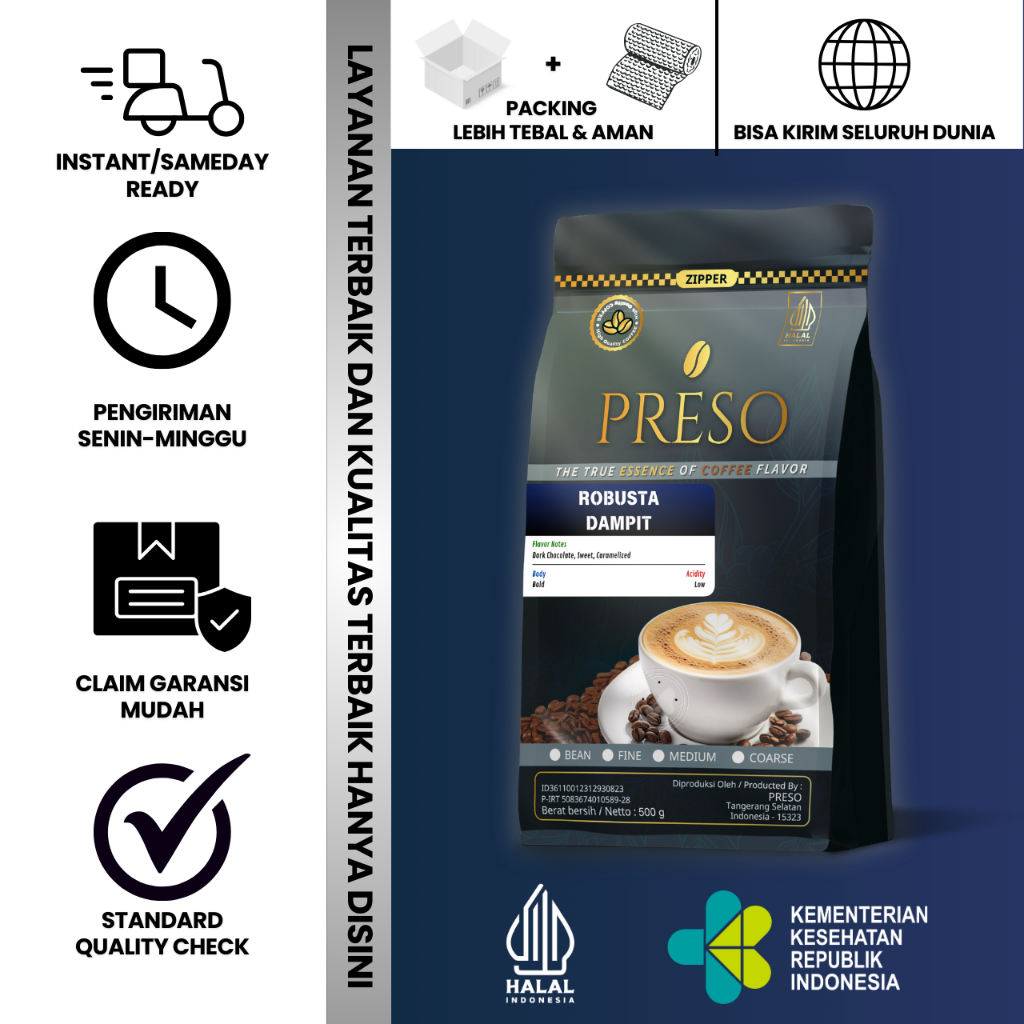 

PRESO Biji Kopi Bubuk Robusta Dampit Malang Coffee Roast Beans Espresso Bean Coffe 500 gram