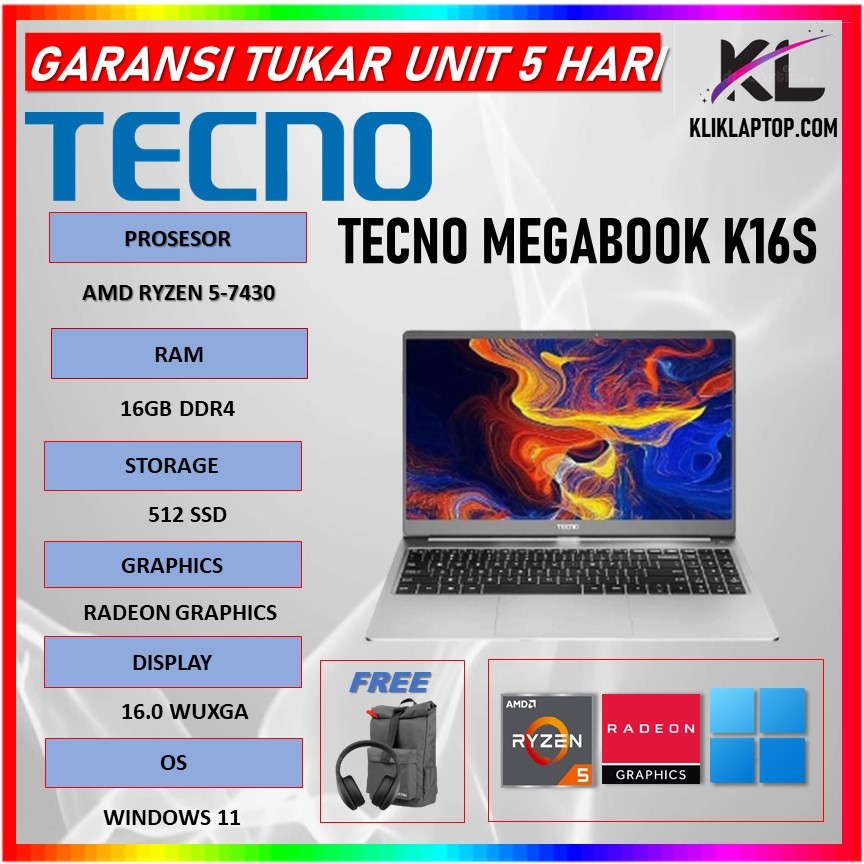 Tecno Magabook K16S Ryzen 5 7430 16GB 512GB Windows 11 16.0 Wuxga Ips