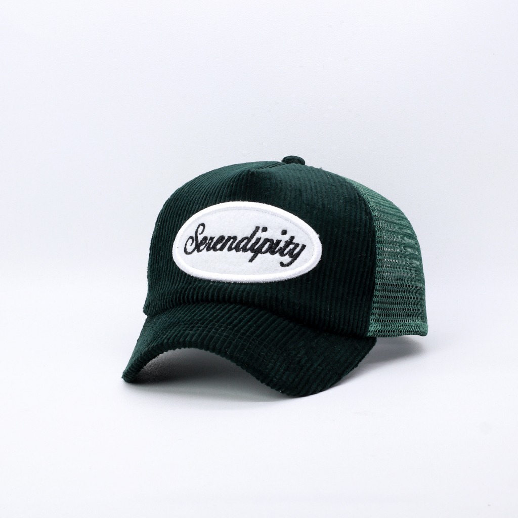 TOPI JARING TRUCKER LIDAH PENDEK BAHAN CORDUROY HIJAU BOTOL SERENDIPITY