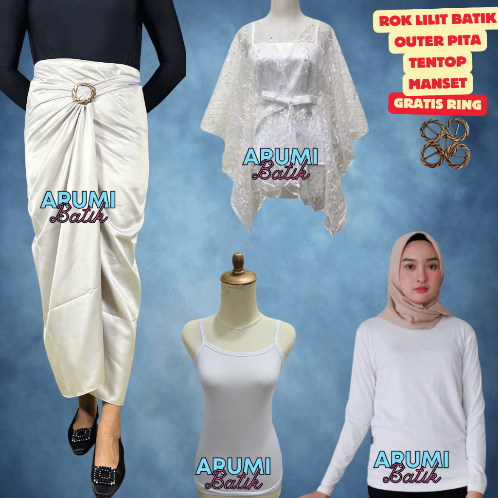 ONESET LILIT POLOS STELAN WANITA MODERN ROK LILIT POLOS PUTIH DAN OUTER PITA CANTIK WARNA PUTIH GRAT
