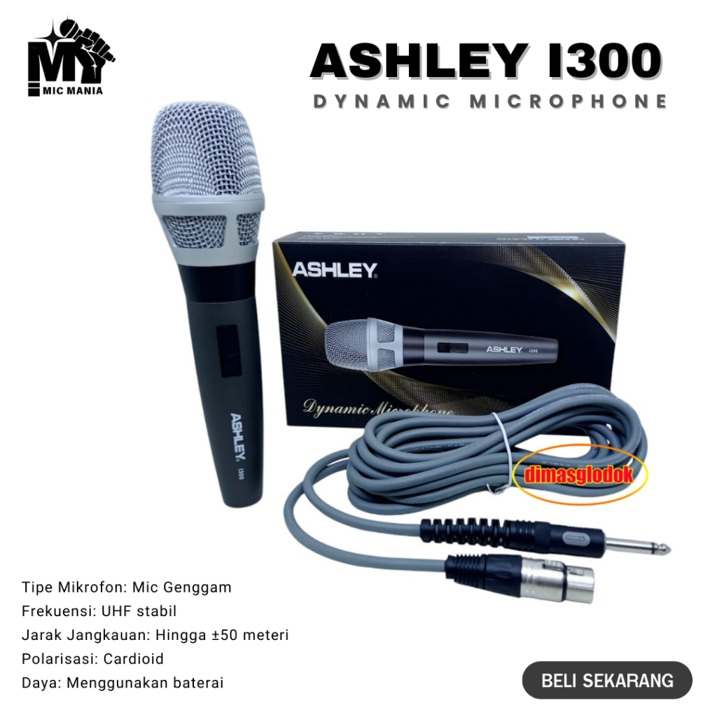 Mic ASHLEY Dynamic I300 Original Microphone Ashley Long Cable Mik Ashley Kabel Panjang i300