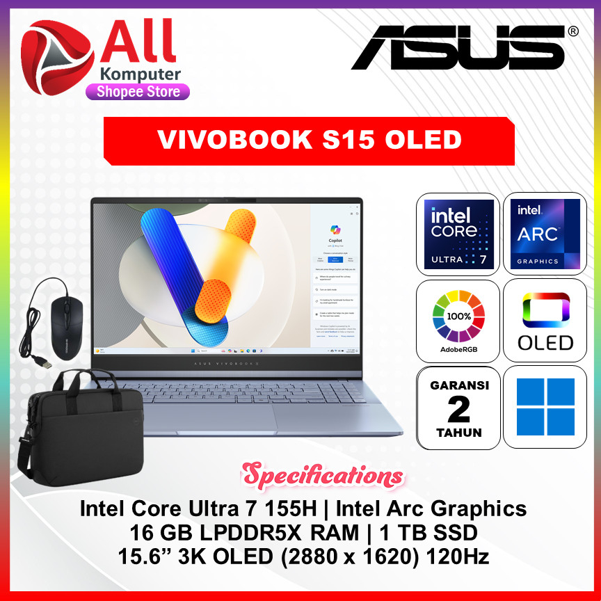 ASUS Vivobook S15 OLED Ultra 7-155H 16GB 1TB Win11 | Laptop 15.6" 3K 120Hz Tipis Premium