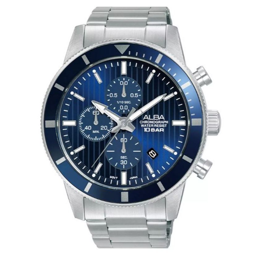 Jam Tangan Pria ALBA Active AM3955 AM3955X1 Strap Stainless Steel Silver Color Chronograph Blue Patt