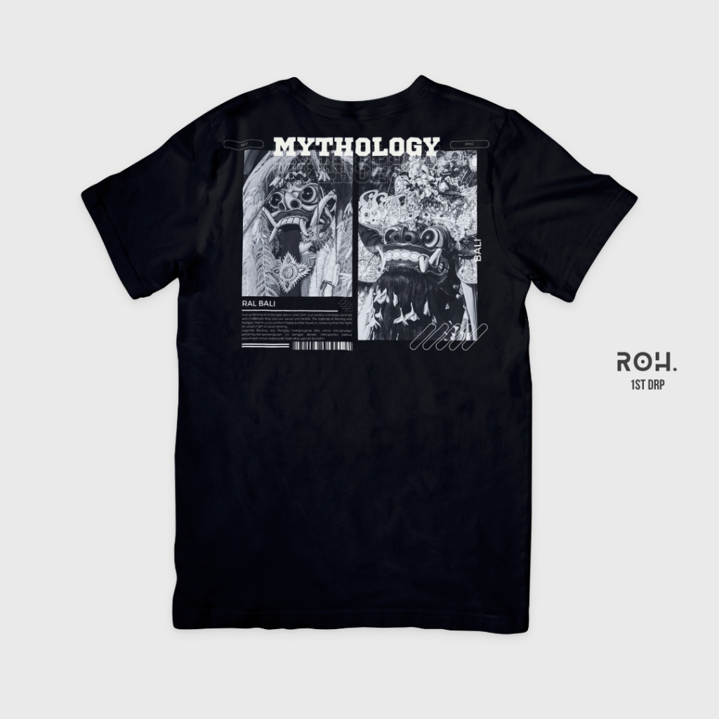 ROH Kaos Bali Premium - Bali Mythology Barong & Rangda Tee Hitam - Kaos Liburan Oleh-oleh Bali