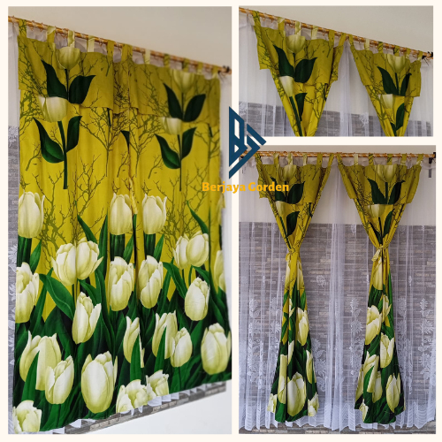 Gorden Pintu Hordeng Jendela Motif Bunga Tulip Hijau Tirai Minimalis Murah