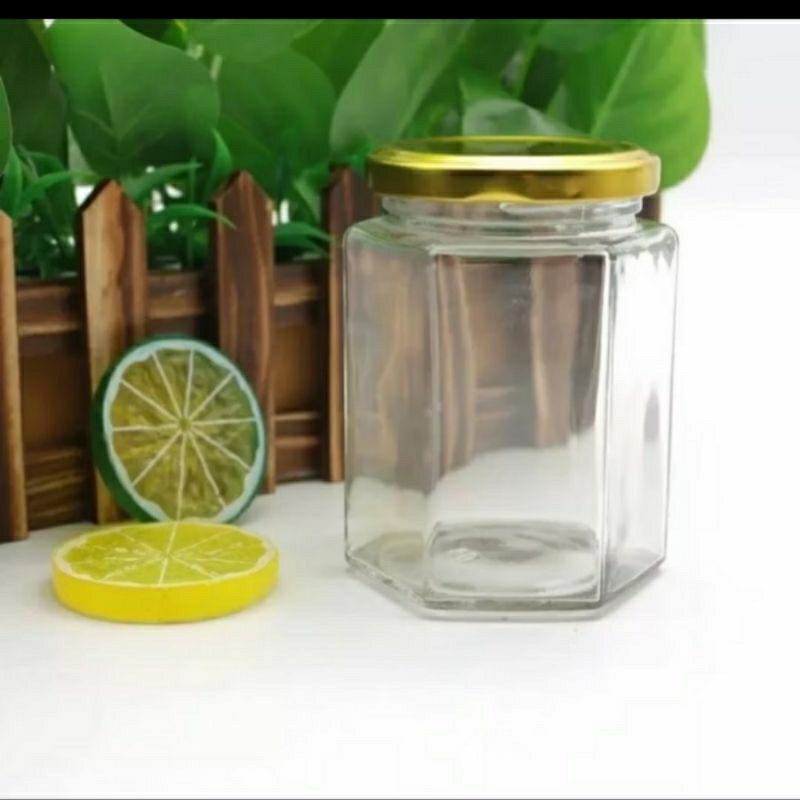 Toples Kaca Beling Bening Hexagonal Segi Enam Tutup Stainless Emas Kuning 80ML Jar Kecil Tempat Sela