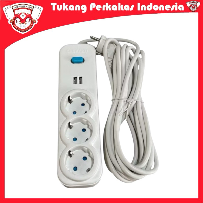 Shukaku premium stop kontak kabel + saklar + 2 Colokan Usb 3 lubang 5 meter Tembaga Murni SKU 8153 K