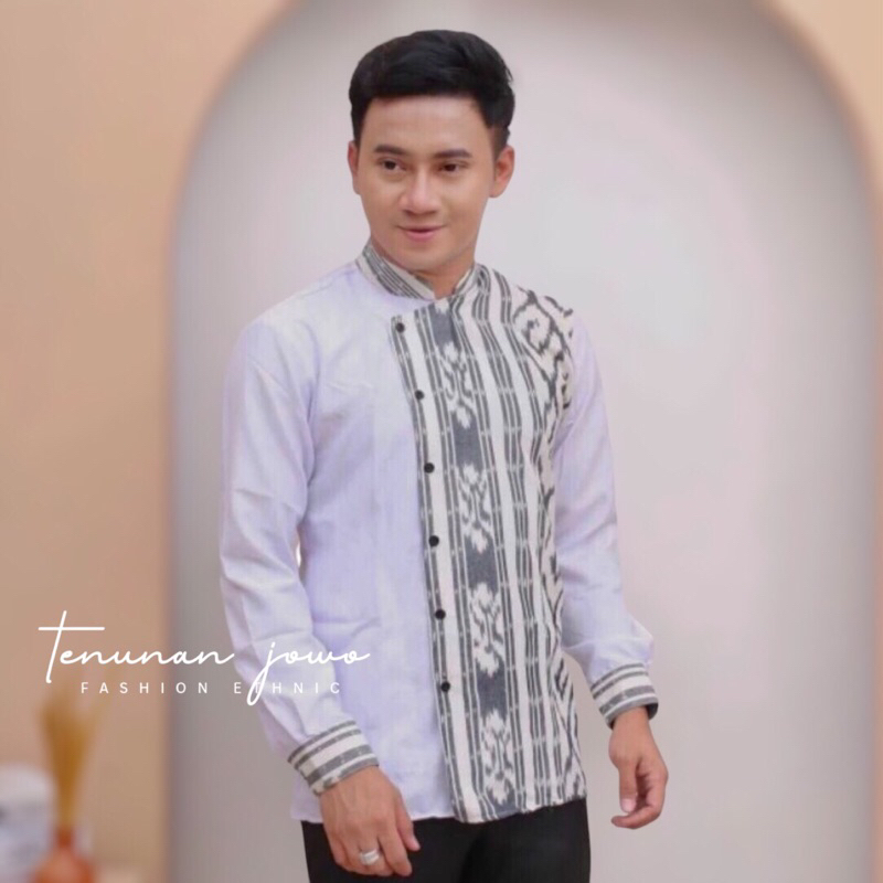 Kemeja Tenun Lengan Panjang Kombinasi Polos Putih Kerah Koko