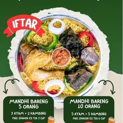 

nasi mandhi ramean 10 porsi (5ayam + 5kambing) free shaken tea 6cup