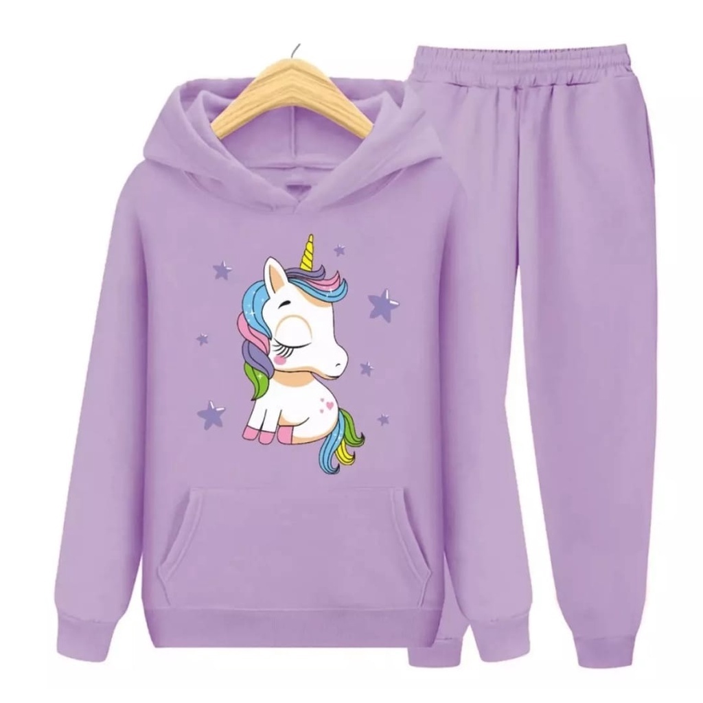 Setelan Anak Sweater Hoodie + Celana UNICORN | Atasan Jaket Sweater Anak-Remaja Usia 3-15 Tahun