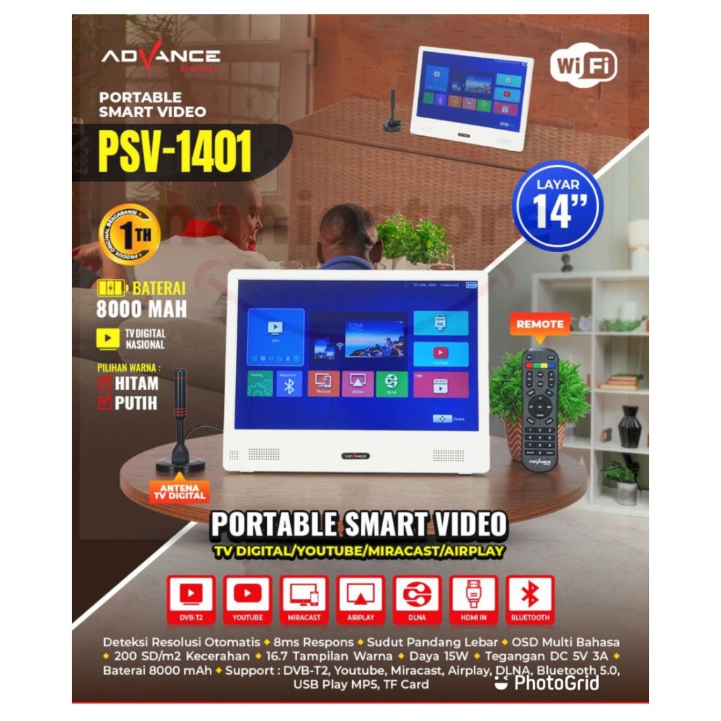 Advance PSV-1401 Portable TV Monitor Tv DVB-T2 / Smart Tv Portable