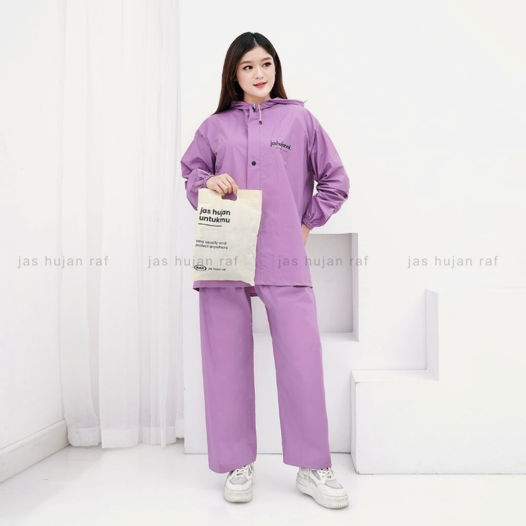 RAF Jas Hujan Dusty Pink Sage Lilac Setelan Dewasa Mantel Hujan Baju Celana Kain PVC 0.25 Tebal Elas