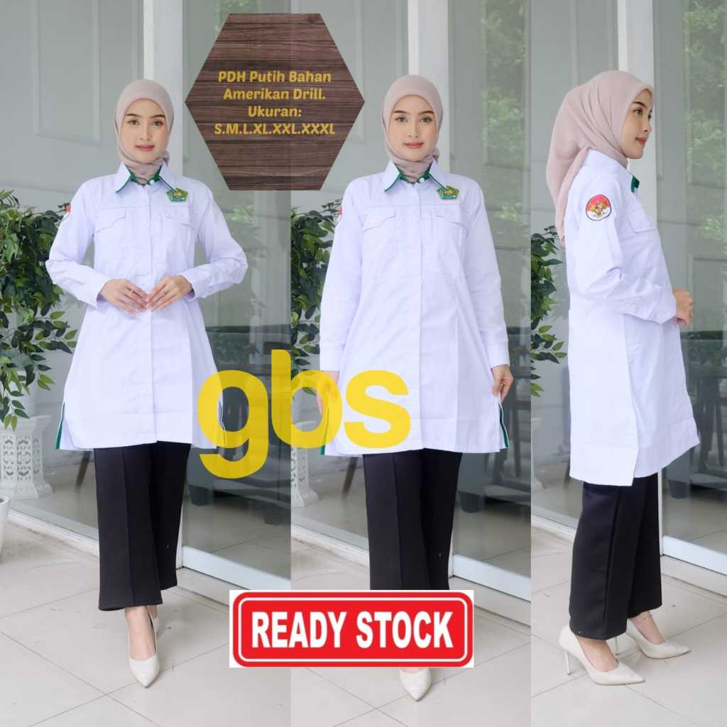 TUNIK PDH KEMENAG IJO PUTIH WANITA  LENGAN PANJANG Bahan Amerikan Drill / BAJU WANITA ASN PUTIH /  K