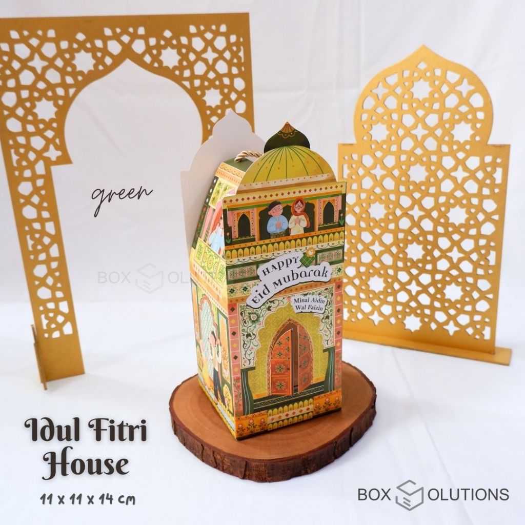 

idul fitri house box green / box hampers lebaran hijau / box toples idul fitri jinjing + tali - 11x11x14 cm
