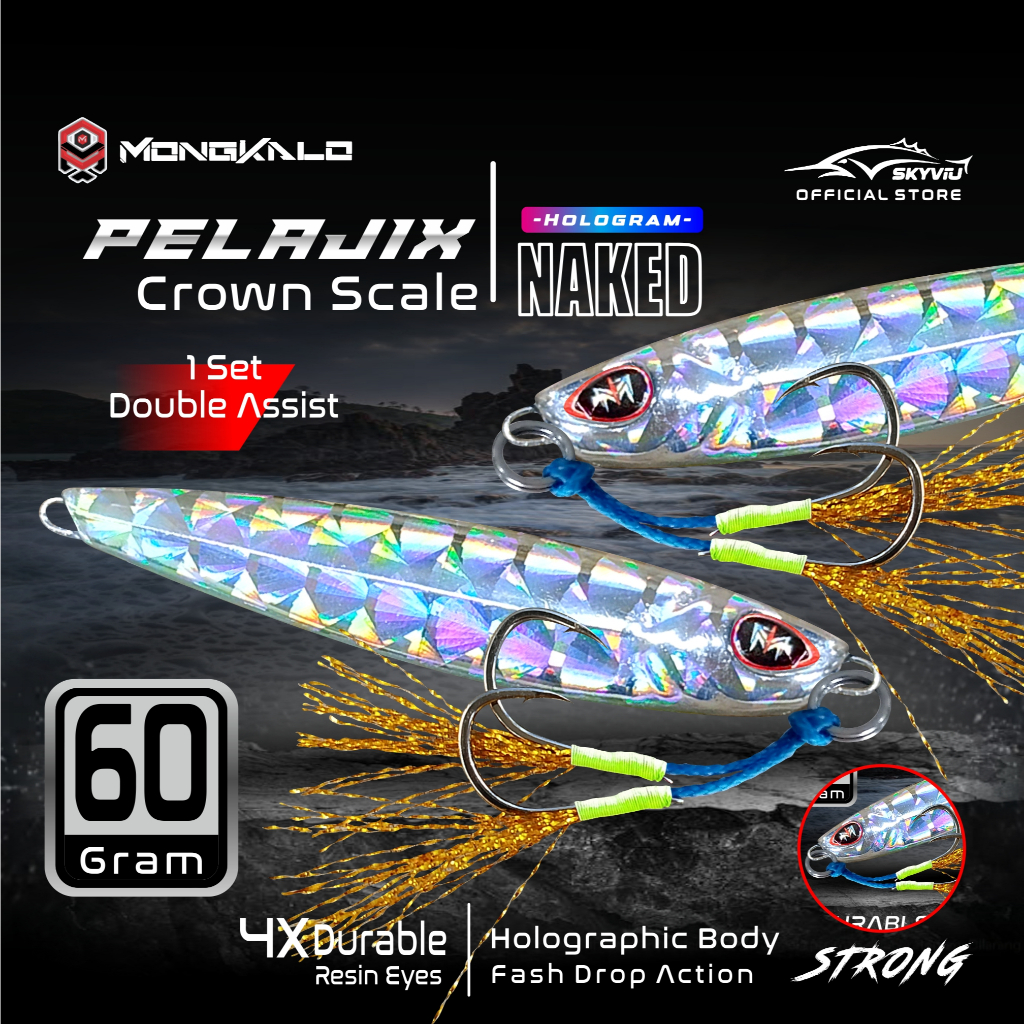 Umpan Pancing Metal Jig 60 Gram MONGKALO PELAJIX Silver Hologram 60gram Lengkap 1 Set Double Kail As