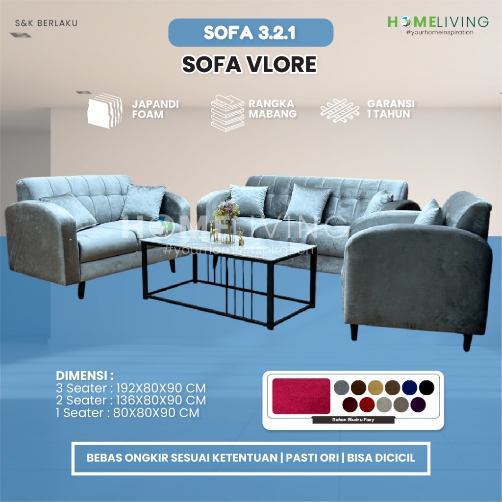 HOMELIVING FURNITURE - SOFA VLORE 3.2.1 SEATER - BAHAN KAIN BLUDRU FOXI - DUDUKAN DACRON SUPER EMPUK