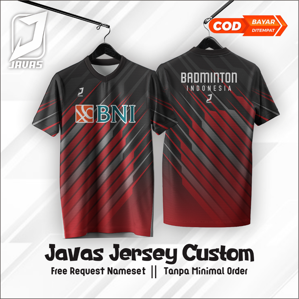 Jersey Badminton Merah Hitam Jvs Printing Custom Nama Logo