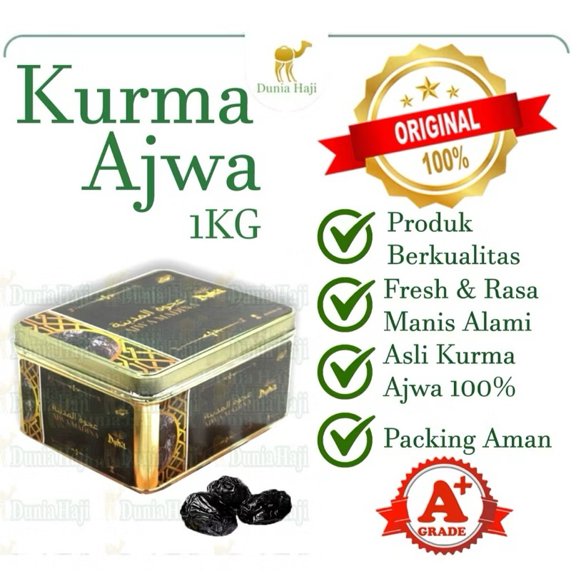 

Kurma Ajwa 1KG Lembut Kemasan KALENG / Azwa Ajwah Kurma Nabi Empuk 100% Asli Madinah Premium Exclusive