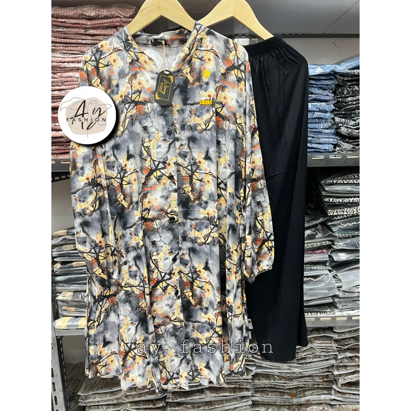 setelan long tunik motif kombinasi polos set long jumbo ld 120 bahan rayon twill premium oneset rasy