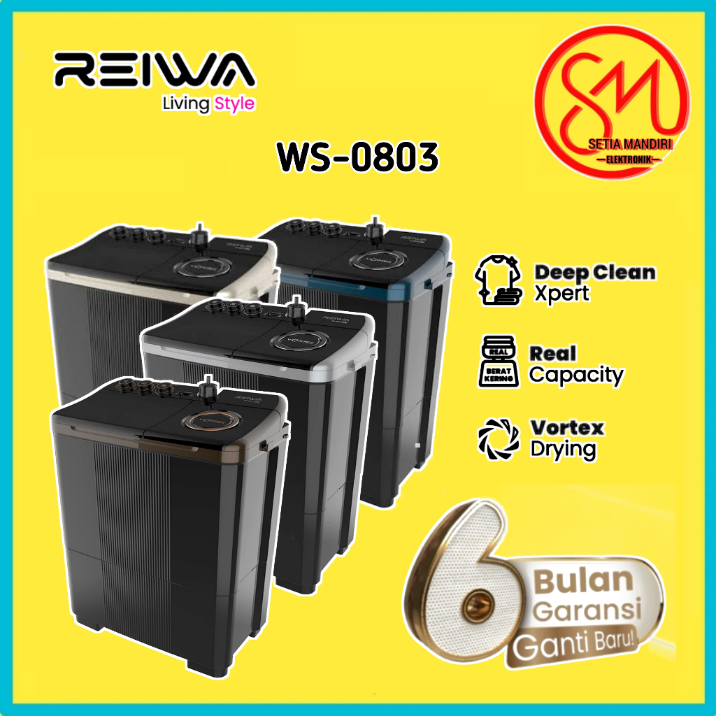REIWA Mesin Cuci 2 Tabung 7Kg 9Kg WS-0803FYGR Twin Tub Top Loading 7 9 KG Frosty Grey