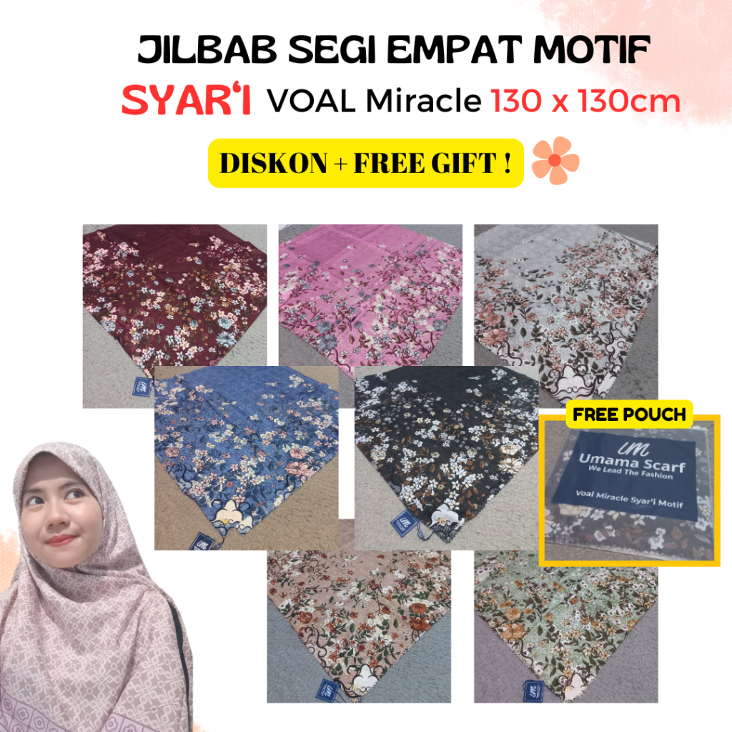 jilbab segi empat motif syari umama 130 x 130cm / Kerudung Motif Jumbo / Hijab Motif Segi Empat Syar