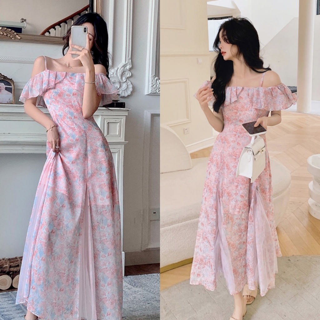 YIMITA dress pantai korean style fairy princess floral wanita party night long dress pink soft beach