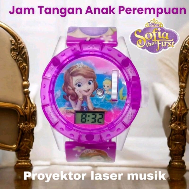 jam tangan fashion Digital anak perempuan Sofia lampu proyektor Laser Led musik