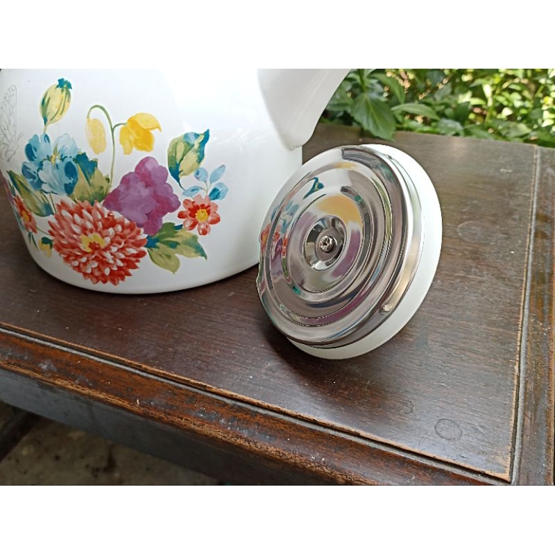 TERBARU KSI - TEKO SIUL ENAMEL 2 LITER MOTIF BUNGA PUTIH TOSKA HANDLE KERAMIK ANTI KARAT & FOOD