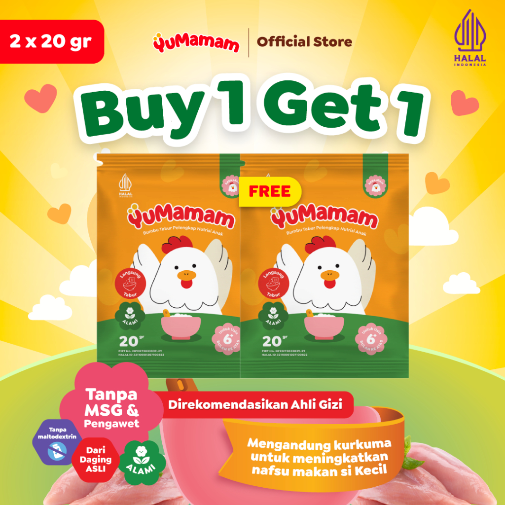 

PROMO Buy 1 Get 1 YuMamam Bumbu Tabur MPASI Praktis | Alami Tinggi Protein & Kurkuma Penambah Nafsu Makan - NON MSG | Rasa Ayam (20 gr)