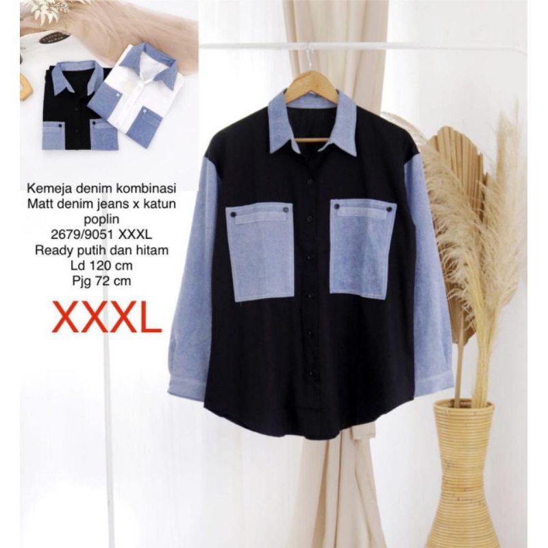 Kemeja Kombi Jumbo Denim Katun Poplin XXXL 2679-9051 - Wanita, Kombinasi, Linen, Baju, Oversize, Jea