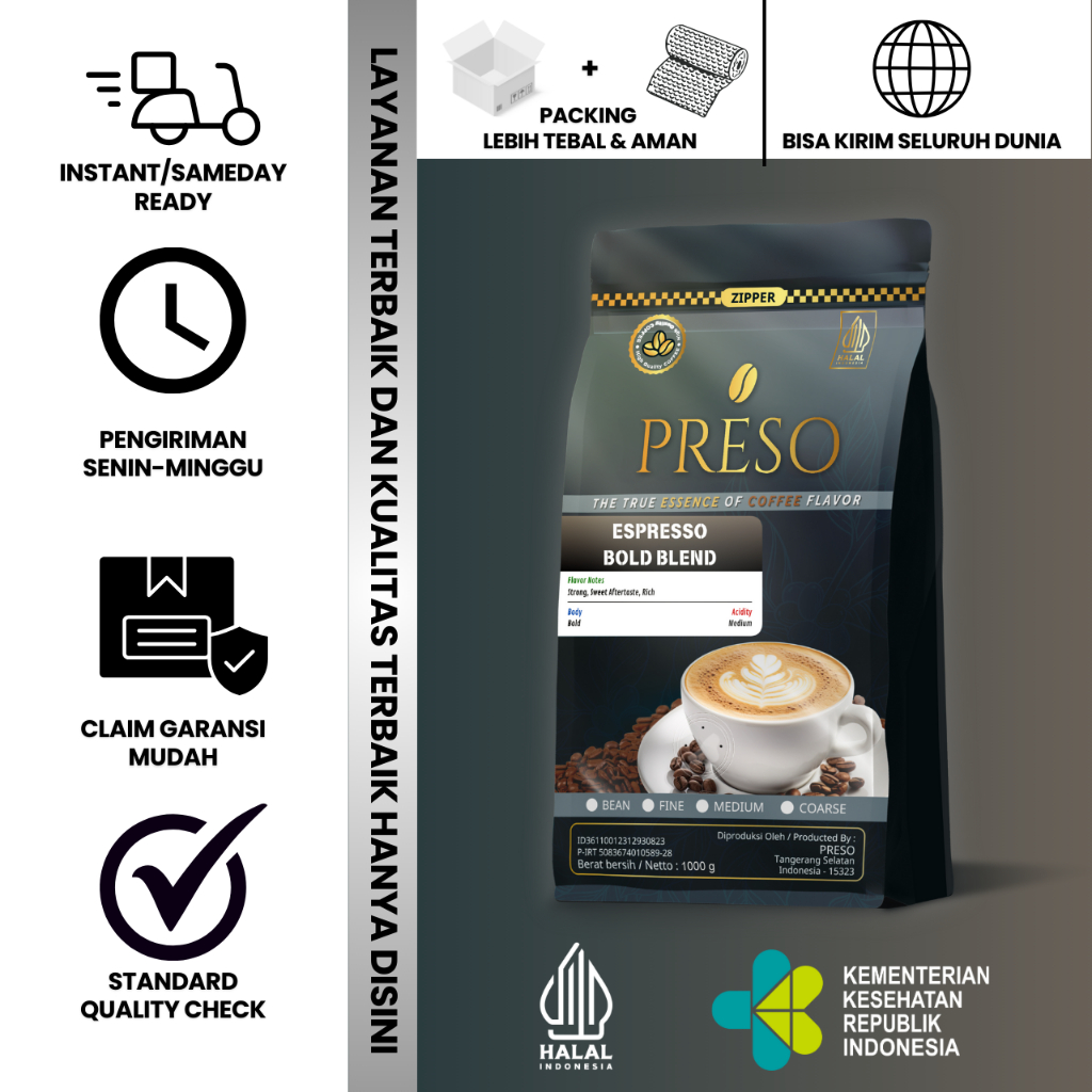 

PRESO Biji Kopi Bubuk Espresso Bold Blend House Blend 50% Arabika 50% Robusta Coffee Beans Coffe Bean 1000gr