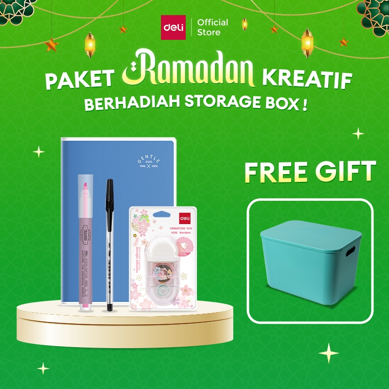 

Deli Paket Ramadhan Kreatif / 1 Buku Tulis A5, 1 Ballpoint, 1 Highlighter, 1 Correction Tape / FREE STORAGE BOX