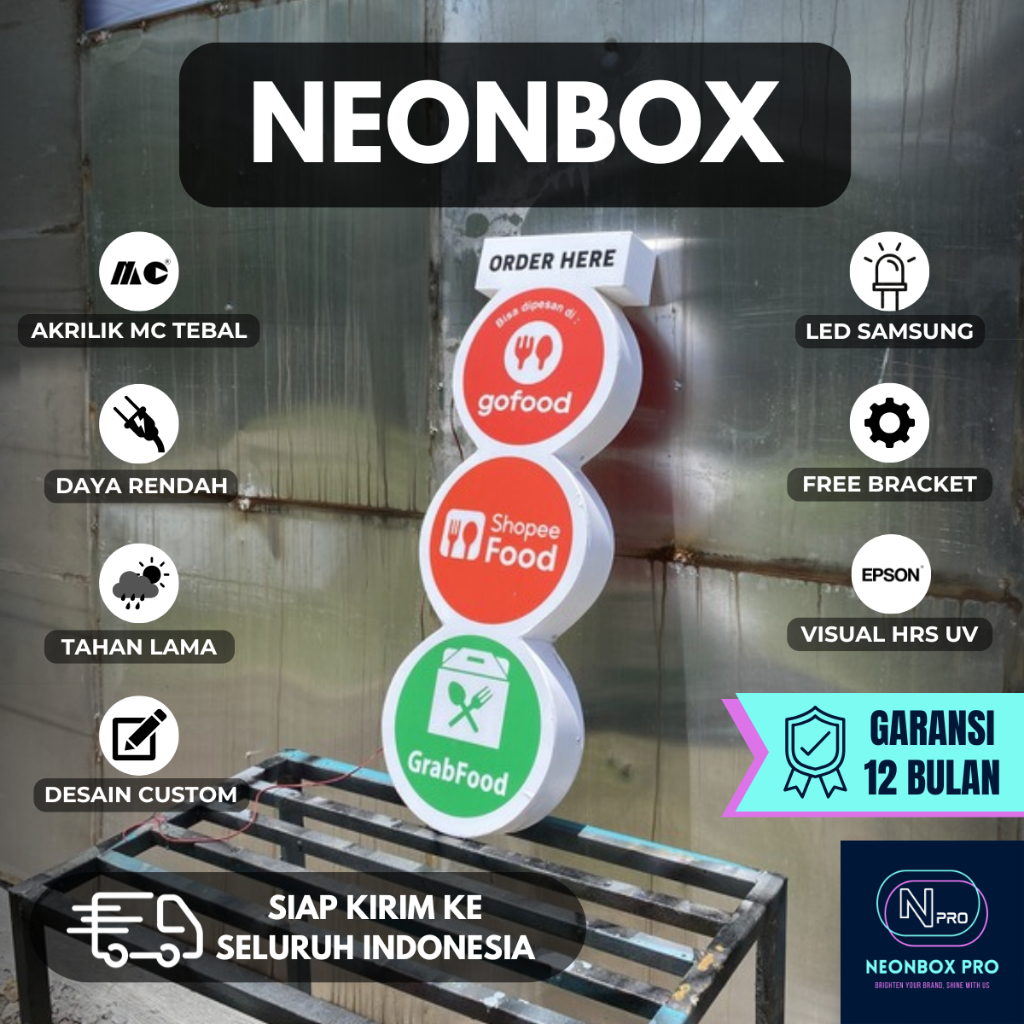 NEONBOX GOFOOD SHOPEE FOOD GRABFOOD CUSTOM PREMIUM Full Akrilik 1 / 2 Sisi Reklame LED Outdoor