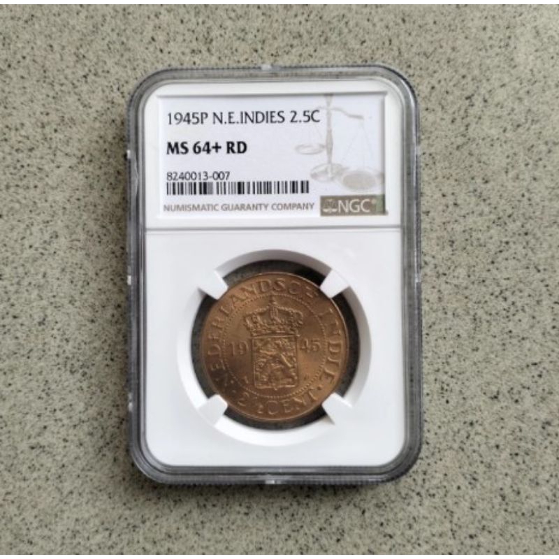 NGC MS 64+ RD Nederlandsch Indie 2,5 2½ Cent Sen Tahun 1945 Koin Kuno