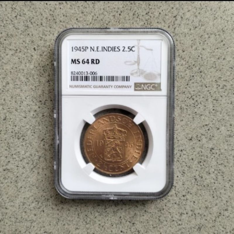 NGC MS 64 RD Nederlandsch Indie 2,5 2½ Cent Sen Tahun 1945 Koin Kuno