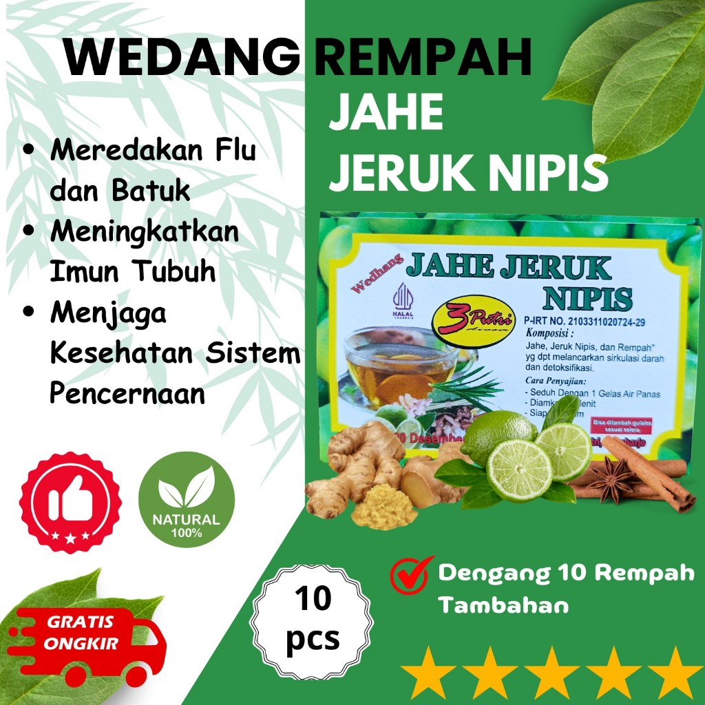 

Wedang Rempah Jahe Jeruk Nipis - Herbal Batuk Pilek Flus - Isi 10 Pcs - Bisa Request Dengan Gula dan Tidak