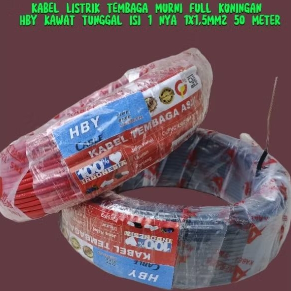 KABEL LISTRIK TEMBAGA MURNI ASLI SNI FULL KUNINGAN/KABEL ISI KAWAT TUNGGAL MERK HBY NYA 1X1,5MM2 50M